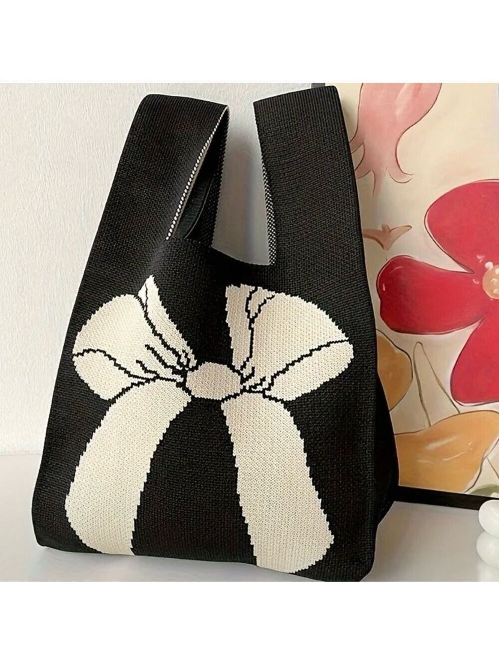 Heavy Woven Knit Bow Pattern Tote Purse Bag Japanese Knot Closure Style - Picture 2 of 4